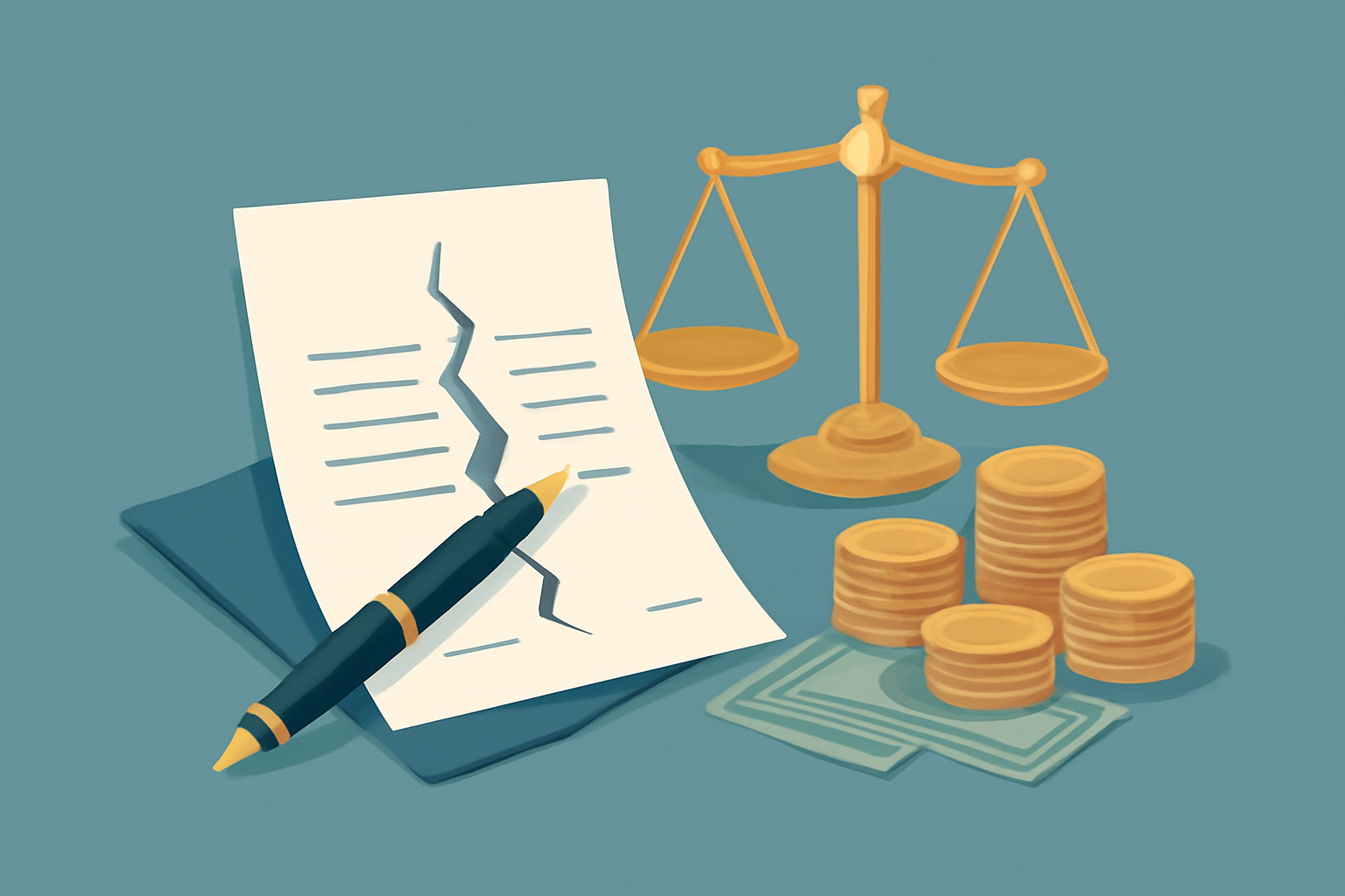Ilustração sobre os custos de um divórcio, incluindo documento, balança de justiça, moedas e caneta.