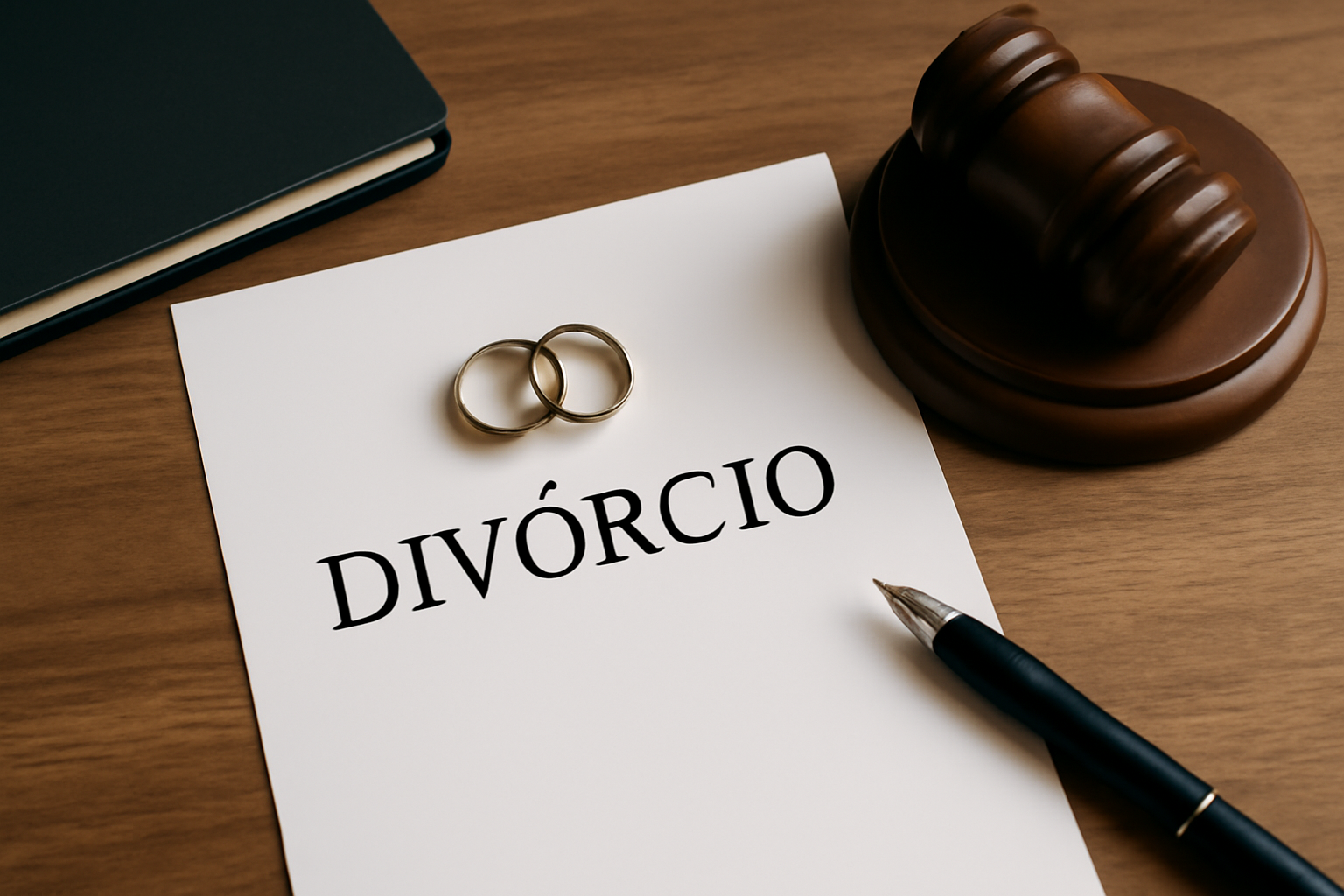 Imagem ilustrativa de um processo de divórcio, com documentos, balança de justiça e caneta, sem texto, representando os aspectos legais e financeiros do divórcio amigável